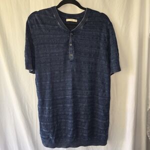 MNG Man Textured Short Sleeve Knit Shirt Henley Navy Men's Large Resort Coastal